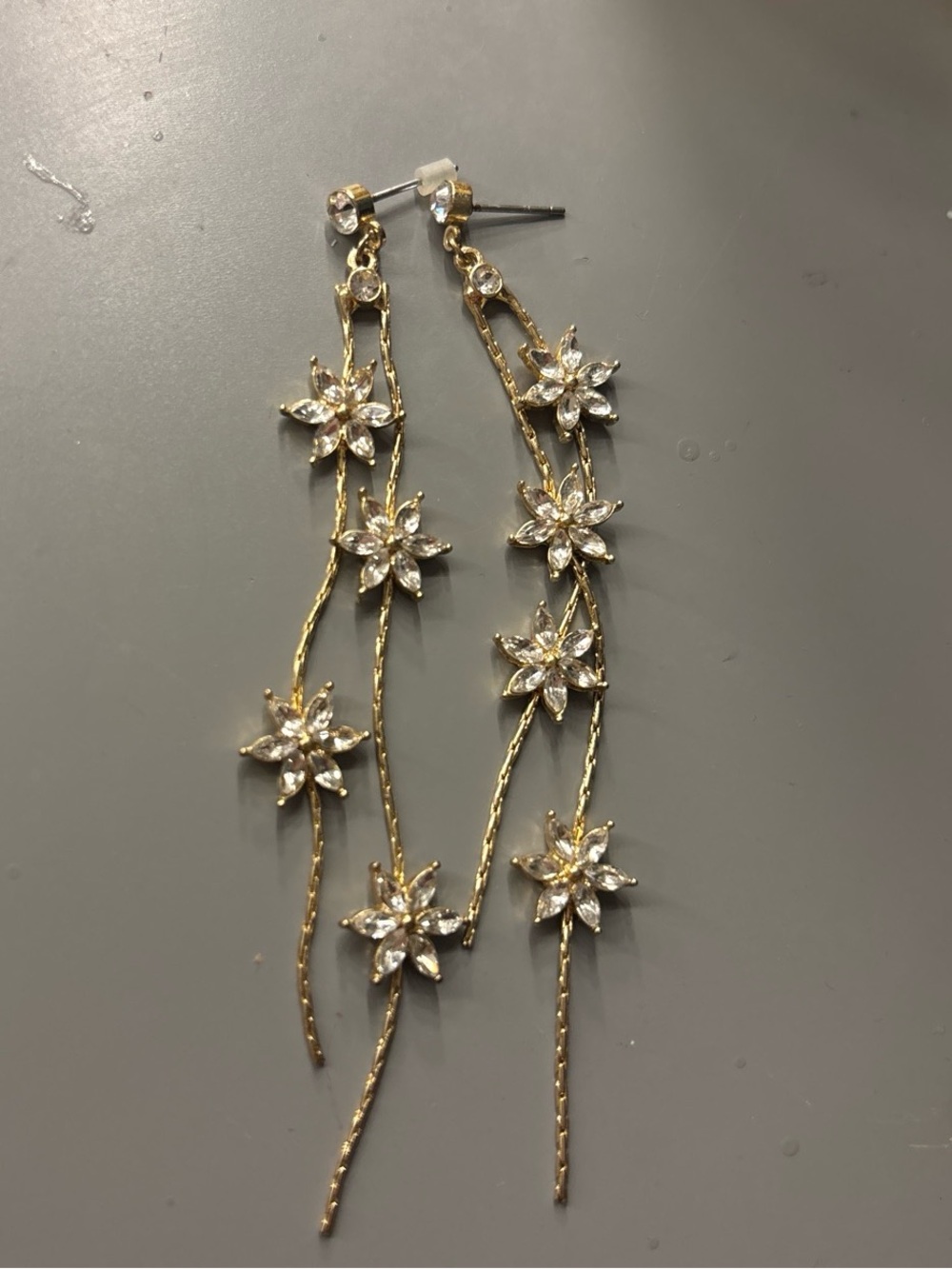 Gold Floral Cascade Drop Earrings with Clear Crystal Accents